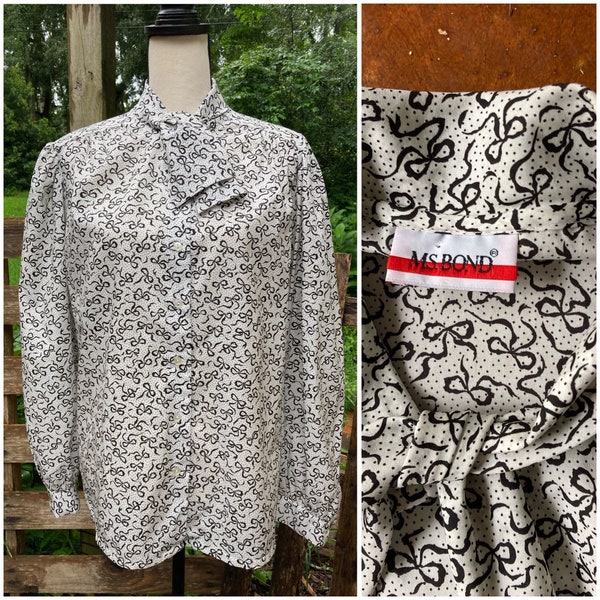 80’s Vintage Secretary Blouse - Size Large / Medium - Graphic Bows Print, Dressy Top, Indie, Retro Style, Long Sleeve Shirt, Pussybow Collar