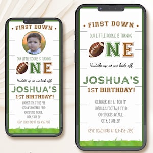 Football First Down Birthday Party Invitation Template | Football One First Birthday Editable Smartphone  Invite | DIY Sports Party Evite