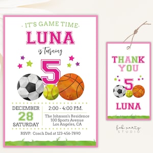 All Star Sports Pink Geburtstagsparty Einladung + Favor Tag Digitale Vorlage | Mädchen Sport Spiel Nummer Jedes Alter DIY Party Einladen & Geschenkkarte