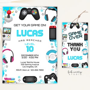 Gamer Birthday Invitation + Favor Tag | Kids Video Game Party Editable Template | Gaming Theme Digital Download Invite & Gift Tag