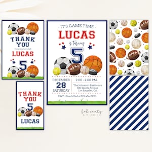 All Star Sports Any Age Birthday Invitation + Thank You Card + Favor Tag | Sports Theme Digital Templates | Editable Birthday Party Set DIY