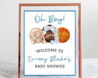 Cartello di benvenuto per baby shower a tema sportivo / Festa "Oh Boy Blue" stampabile / Modello digitale modificabile