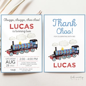 Train Birthday Party Invitation + Thank You Card Digital Template | Vintage Train Birthday Invite | Tank Engine Party Editable Invitation
