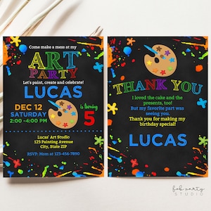 Kunst schilderij verjaardagsfeestje uitnodiging + bedankkaartsjabloon | Uitnodiging voor feest in kleur tekenen ambachten | Kid Painter DIY bewerkbare digitale uitnodiging