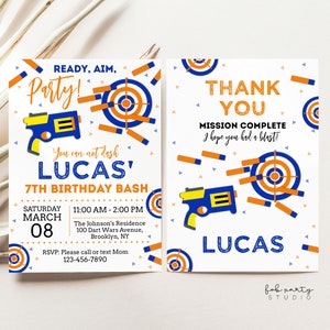 Invitation de fête d'anniversaire Dart Gun War Boys + modèle numérique de carte de remerciement | Invitation d'anniversaire électronique minimaliste de bataille de blaster de pistolet bricolage