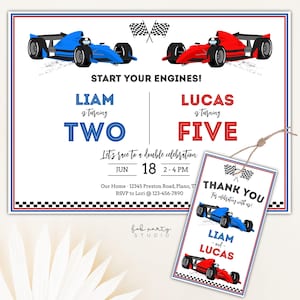 Red & Blue Race Car Joint Birthday Invitation + Favor Tag | Editable Sibling Car Racing Party Template | Kid Digital Invite + Gift Tag