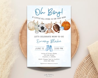 Invitation de fête de naissance de All Star Sports | Fête Oh Boy imprimable | Modèle numérique modifiable