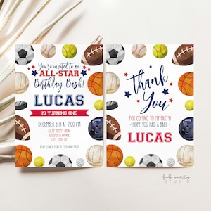 All Star Sports Party Invite + Thank You Card, Sports Birthday Invitation & Thank You Card, Minimalist Sports Game Theme Kids Party Invite