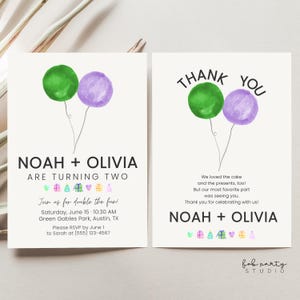 Zwillinge Kinder Gemeinsamer Minimalistischer Geburtstag Einladung + Danke-Karte Digitale Vorlage | Moderne grün & lila Luftballons Geburtstag einladen