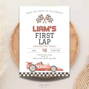 トラックを一周する最初の誕生日招待状 | 赤いレーシングカーパーティー用印刷可能テンプレート | 編集可能なデジタルテンプレート