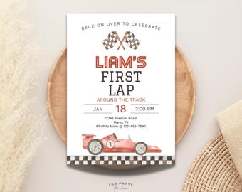 Invitation d'anniversaire Premier tour de piste | Fête de la voiture de course rouge à imprimer | Modèle numérique modifiable
