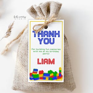 Modello di etichetta per bomboniera per feste di compleanno con mattoncini / Etichetta per bottino di giocattoli in mattoncini / Biglietto di ringraziamento stampabile con mattoncini giocattolo / Etichetta regalo modificabile 2x3,5
