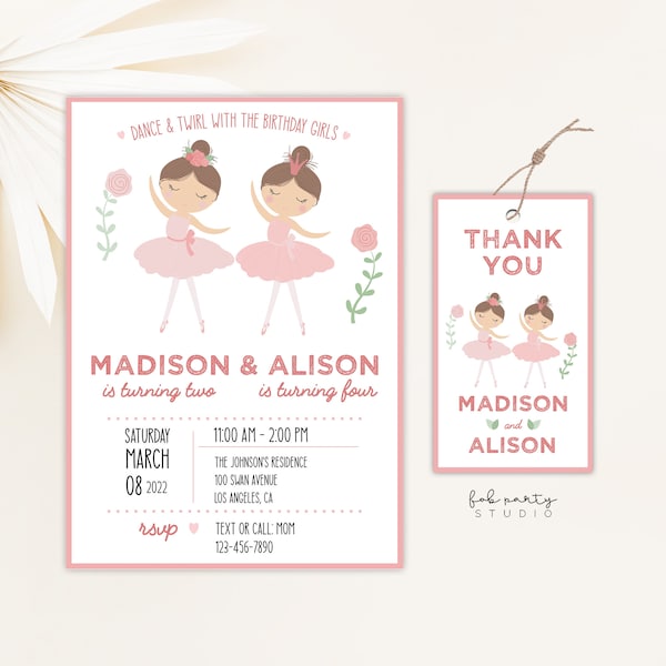 Ballerina Girls Joint Birthday Party Invitation + Favor Tag Digital Template, Sisters Sibling Ballet Dance Double Party Invite & Gift Tag