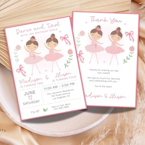 Ballerina Girl Joint Birthday Party Invitation + Thank You Card | Ballet Dance Double Party Editable Invite | Pink Tutu Sister Sibling Party