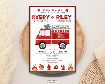 Invitation d'anniversaire commune de camion de pompier | Fête des frères et sœurs dans un véhicule de sauvetage pompier | Modèle numérique modifiable