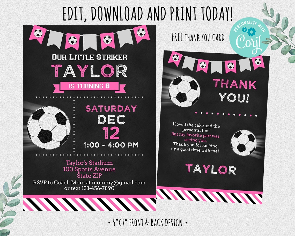 Soccer Game Birthday Party Invitation Girls Sports Pink Etsy