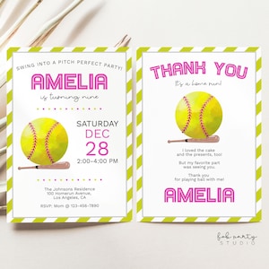 Softball Einladung Geburtstag & Danke-Karte Digitale Vorlage | Bearbeitbar Mädchen Sport einladen | Softball Spiel elektronische Einladung
