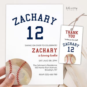 Baseball Birthday Party Invitation + Favor Tag | Editable Sports Invite & Thank You Tag | Kids Baseball Game Little League Party Printable
