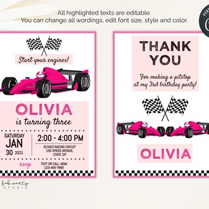 Pink Race Car Birthday Party Invitation + Thank You Card + Favor Tag ...