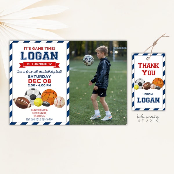 Sports Ball Game Birthday Party Invitation with Photo + Favor Tag Digital Template, All Star Player Editable Picture Party Invite & Gift Tag