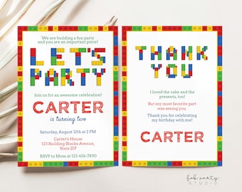 Building Blocks Birthday Party Invitation + Thank You Card Digital Template, Colorful Toy Bricks Build Blocks Kids Editable Birthday Invite