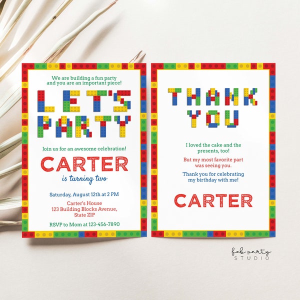 Building Blocks Birthday Party Invitation + Thank You Card Digital Template, Colorful Toy Bricks Build Blocks Kids Editable Birthday Invite