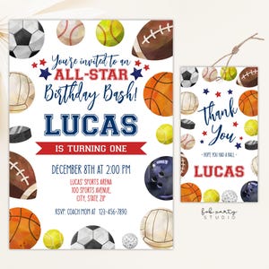 All Star Sports Birthday Party Invitation + Favor Tag Digital Template | Kids Sports Ball Game DIY Editable Invite & Loot Bag Gift Tag