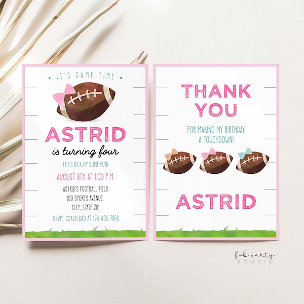 Football Birthday Party Invitation + Thank You Card Digital Template, Pink Football DIY Birthday Invite, Girl Sports Theme Electronic Evite