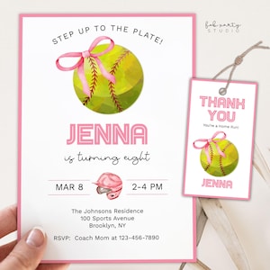 Convite para festa de aniversário de menina rosa softball + modelo digital de etiqueta para lembrancinhas | Convite de aniversário editável e etiqueta para presente com laço rosa minimalista