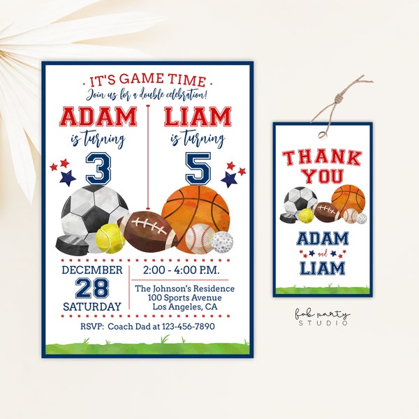 All Star Sports Birthday Joint Party Invitation + Favor Tag Digital Template, Sports Game Brothers Siblings DIY Birthday Invite & Gift Tag