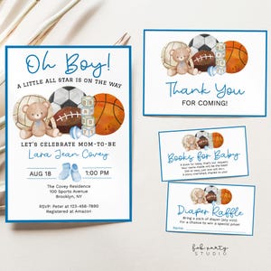 Oh Boy Sports blauwe babyshowerbundel | All Star Sports bewerkbare uitnodiging, bedankt, luierloterij en boeken voor babykaarten | DIY-afdrukbare set