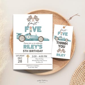 May include: A birthday invitation and thank you tag set with a race car theme. The invitation features the text "fast FIVE" and "RILEY'S 5TH BIRTHDAY" with a watercolor race car illustration. The thank you tag has a matching design.