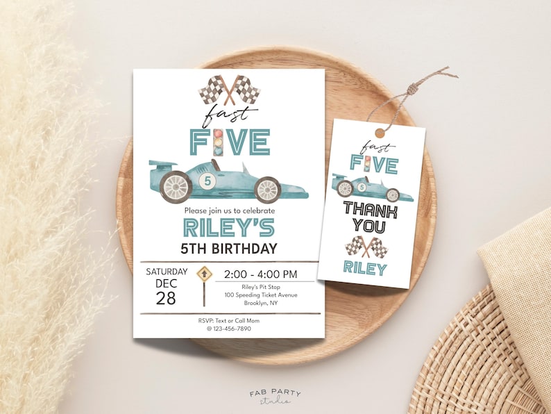 May include: A birthday invitation and thank you tag set with a race car theme. The invitation features the text "fast FIVE" and "RILEY'S 5TH BIRTHDAY" with a watercolor race car illustration. The thank you tag has a matching design.