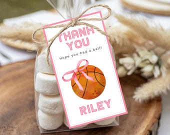 Etichetta per bomboniera di compleanno a tema basket con fiocco rosa / Stampabile/Modello digitale modificabile per feste sportive per bambine