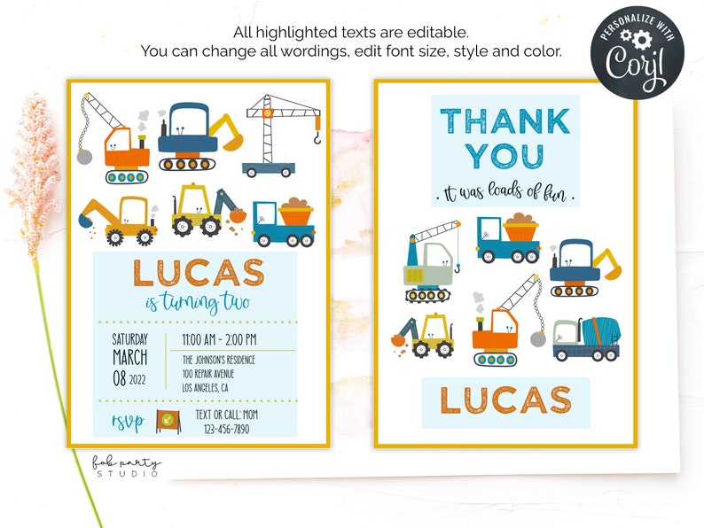 Diggers Birthday Party Invitation Thank You Card - Etsy