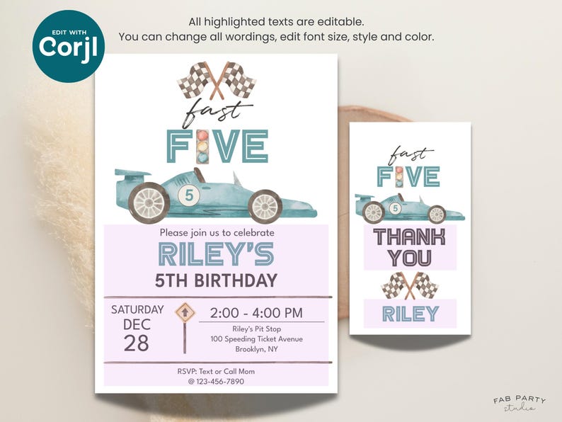 May include: A light blue race car birthday invitation with the text "fast FIVE" and "Riley's 5th Birthday". The invitation includes a race car graphic, checkered flags, and event details. A matching thank you card is also shown.