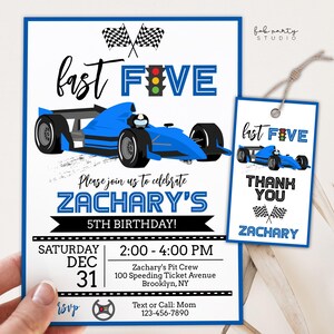 Race Car Fast Five Birthday Invitation + Favor Tag, Blue Car Speed Racing Editable Invite, 5th Birthday Digital Template & Gift Bag Tag