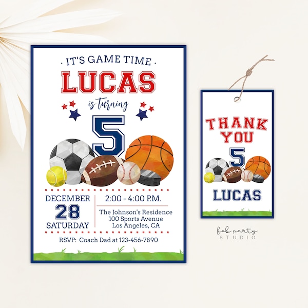All Star Sports Birthday Party Invitation + Favor Tag Digital Template, Sports Game Number Any Age DIY Birthday Party Invite & Loot Gift Tag