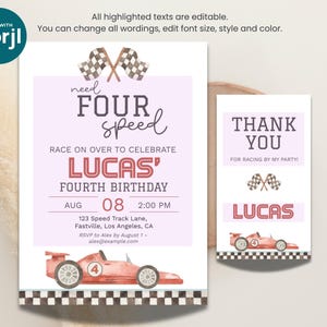 Need Four Speed 4th Birthday Invitation & Favor Tag | Red Racing Theme Party Printable | Editable Digital Template image 7