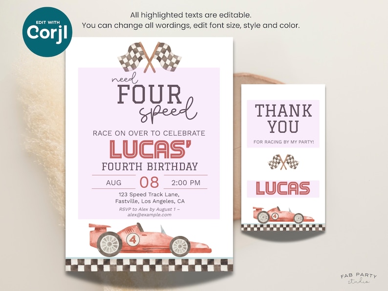Need Four Speed 4th Birthday Invitation & Favor Tag | Red Racing Theme Party Printable | Editable Digital Template image 7