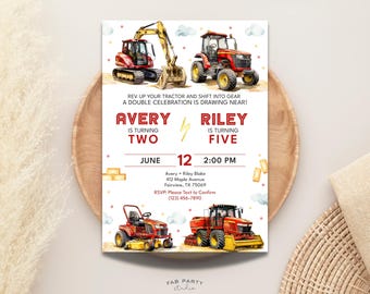 Invitation d'anniversaire commune rouge de <br> Liste d'envies Vous avez des idées ? Fête des frères et sœurs avec camion de ferme | Modèle numérique modifiable
