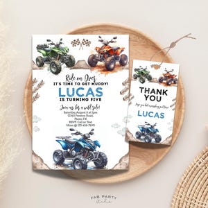 Invitación de cumpleaños con temática de cuatrimotos + Etiqueta para recuerdos / Plantilla digital imprimible y editable para fiestas de motocross