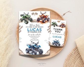 Faire-part d'anniversaire VTT + étiquette cadeau | Fête de moto tout-terrain à imprimer | Modèle numérique modifiable