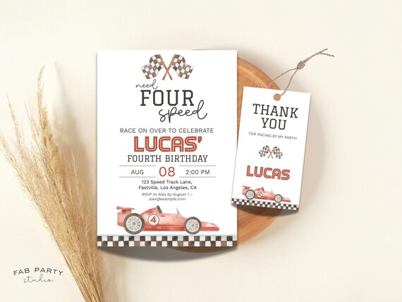 Need Four Speed 4th Birthday Invitation & Favor Tag | Red Racing Theme Party Printable | Editable Digital Template