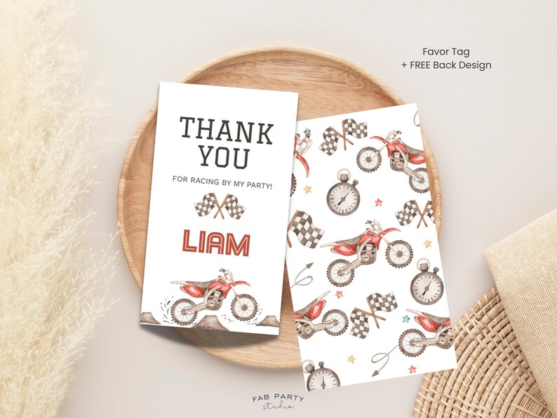 First Lap Around The Track 1st Birthday Invitation + Favor Tag | Dirt Bike Theme Party Printable | Editable Digital Template image 6