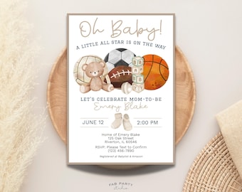 Invito per baby shower a tema sportivo / Festa neutra "All Star" (genere neutro) - Modello digitale stampabile e modificabile