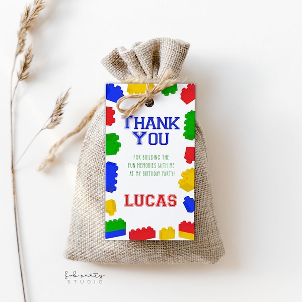 Building Blocks Birthday Party Favor Tag Digital Template, Brick Toys Editable Loot Bag Card, Toy Blocks DIY Printable Thank You Label