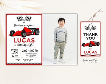 Red Race Car Birthday Party Invitation with Photo + Favor Tag, Kids Speed Racing Cars Birthday Editable Digital Invite & Party Gift Tag