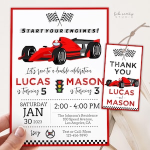 Red Race Car Joint Birthday Party Invitation + Favor Tag Digital Template | Kids Siblings Speed Racing Editable Birthday DIY Party Printable