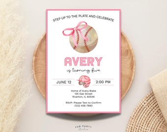 Invitation rose d'anniversaire de base-ball | Fille sportive fête imprimable | Modèle numérique modifiable